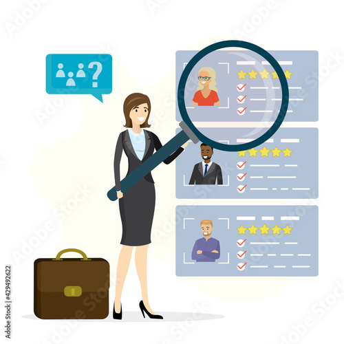 Businesswoman or HR specialist uses magnific glass for search new employee. Vacancies list, job seekers. Hiring agency. Recruitment process
