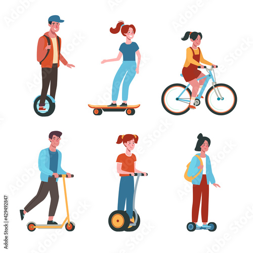 Teenagers ride bicycles, skateboards, scooters, gyroboards. Flat vector collection with kids on electric transport..Children, boys and girls ride. Colorful illustration in cartoon style isolated on