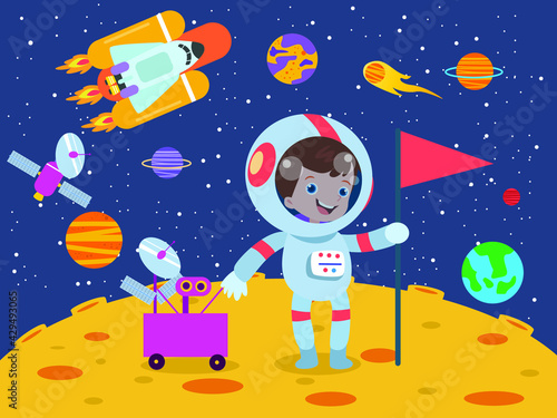Wallpaper Mural Boy with robot exploring the moon cartoon 2d vector concept for banner, website, illustration, landing page, flyer, etc. Torontodigital.ca