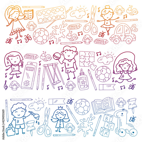Vector pattern with boys and girls. Kindergarten and toys. Happy childhood and creativity with imagitanion.