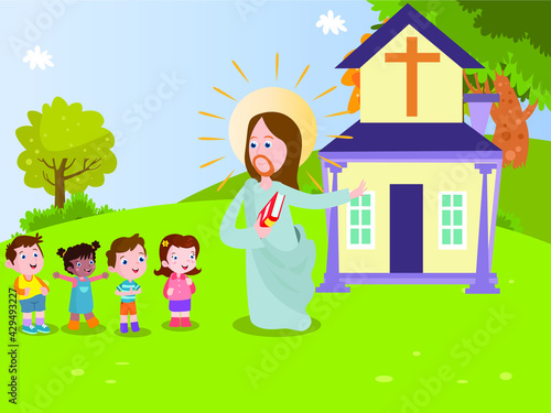 Jesus leads kids to church cartoon 2d vector concept for banner, website, illustration, landing page, flyer, etc.
