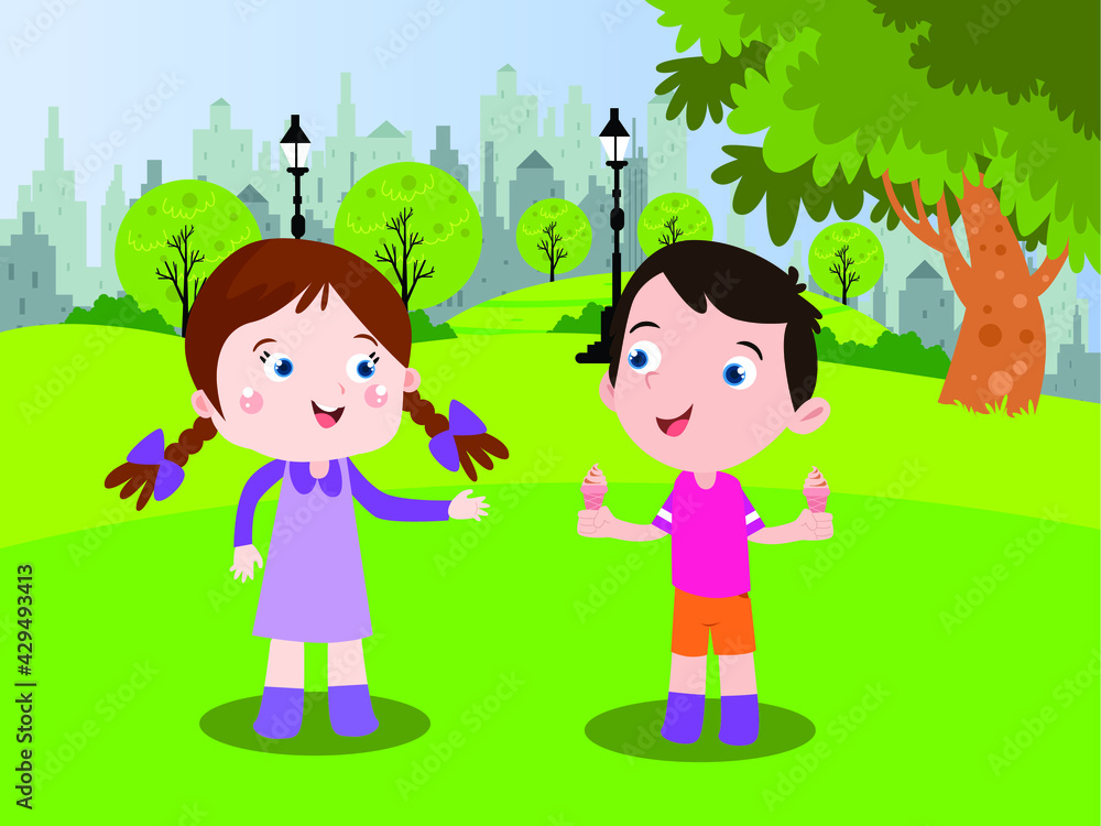 Kids eating ice cream cartoon 2d vector concept for banner, website, illustration, landing page, flyer, etc.
