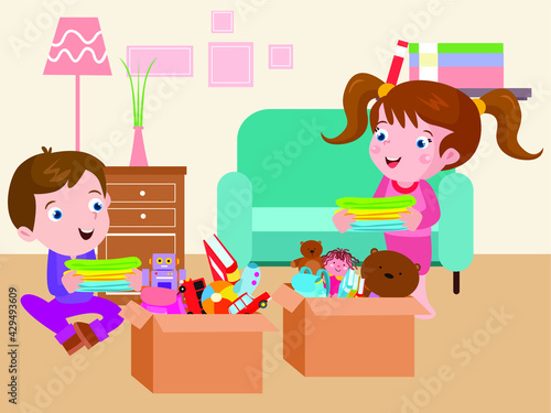 Siblings with belongings in a cardboard cartoon 2d vector concept for banner, website, illustration, landing page, flyer, etc.