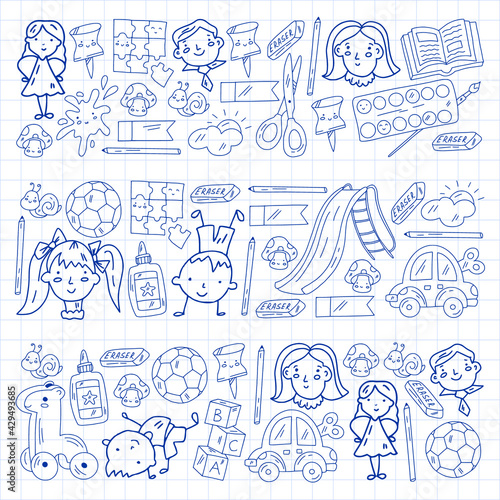 Kindergarten pattern with little children and toys. Creativity and imagination.