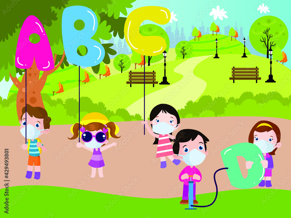Kids with alphabet balloons cartoon 2d vector concept for banner, website, illustration, landing page, flyer, etc. Kids with alphabet balloons cartoon 2d vector concept for banner, website, illustration, landing page, flyer, etc.
