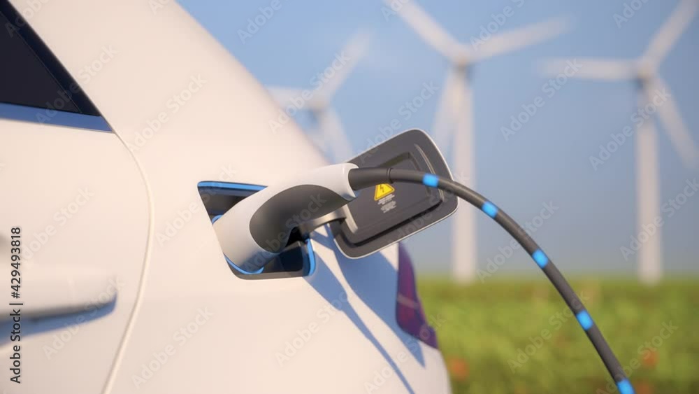 Close-up of an electric car charging with green hills, solar panels and wind turbines in background. Green and renewable energy concept. Shallow depth of field. Realistic high quality 3d animation. Close-up of an electric car charging with green hills, solar panels and wind turbines in background. Green and renewable energy concept. Shallow depth of field. Realistic high quality 3d animation.