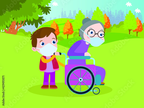 Grandson pushing grandma in wheel chair cartoon 2d vector concept for banner  website  illustration  landing page  flyer  etc.
