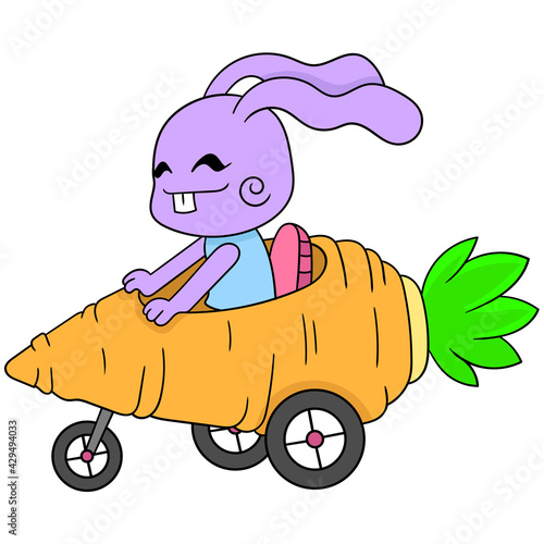 The rabbit is having fun driving the carrot car, doodle icon image kawaii