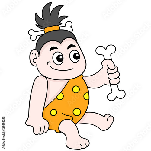 ancient baby girl was sitting holding animal bones, doodle icon image kawaii