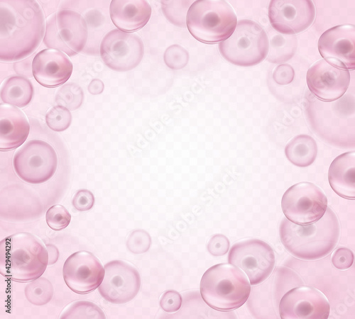 Cell stem science transparent background with space for text. Vector pink medical microscopic molecular concept banner. Biology 3d research dna nucleus cells pattern