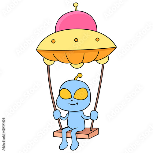 cute alien creature is playing swing flying with ufo, doodle icon image kawaii