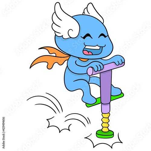 cute creatures are playing with the jump jump tool, doodle icon image kawaii