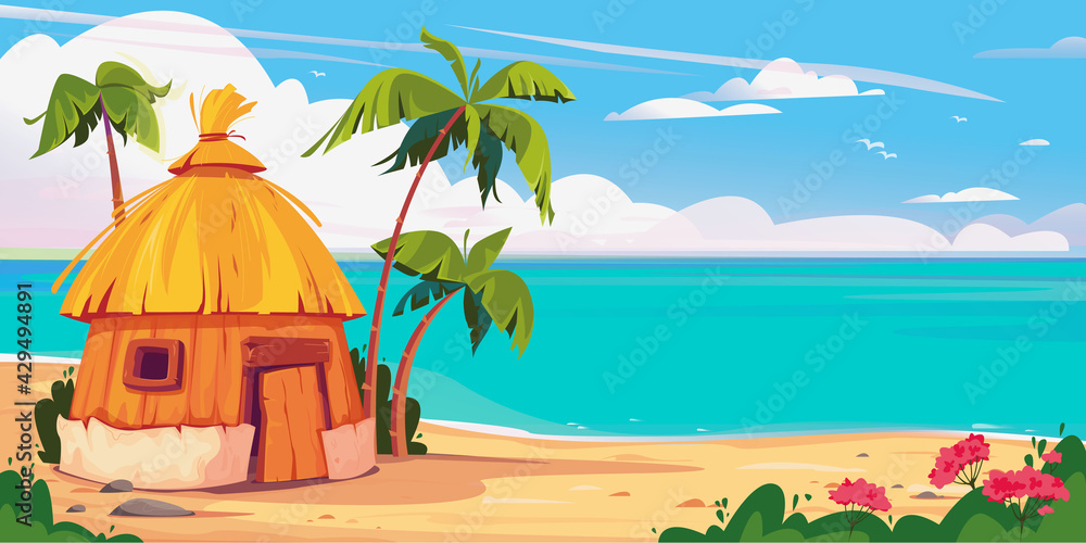 Vettoriale Stock Bungalow on Maldives island with palm trees and tropical  flowers, resort water villas vector banner. A hut by the ocean, summer.  Thailand vacation. Hawaii resort. Template for text sky