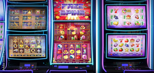 Gambling banner featuring different video slot machines of various themes in a casino game room. 3D rendered illustration