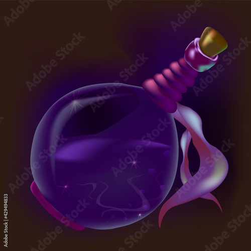 Fantastic game of activating potion, elixir or poison icon magic transparent bottle with purple liquid.