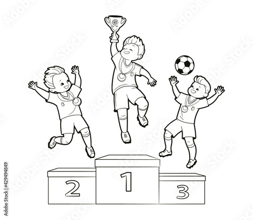 Coloring book boys soccer players jumping joyfully on the podium of the winners,celebrating the victory with the championship cup, medals.Vector illustration,cartoon,black and white isolated line art
