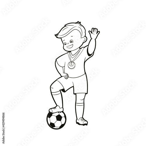Coloring book teenage soccer player celebrating victory with medal on chest and standing one foot on soccer ball.Vector illustration, cartoon, black and white isolated line art