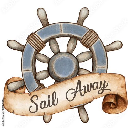Watercolor vintage style nautical wheel with ancient scroll message banner