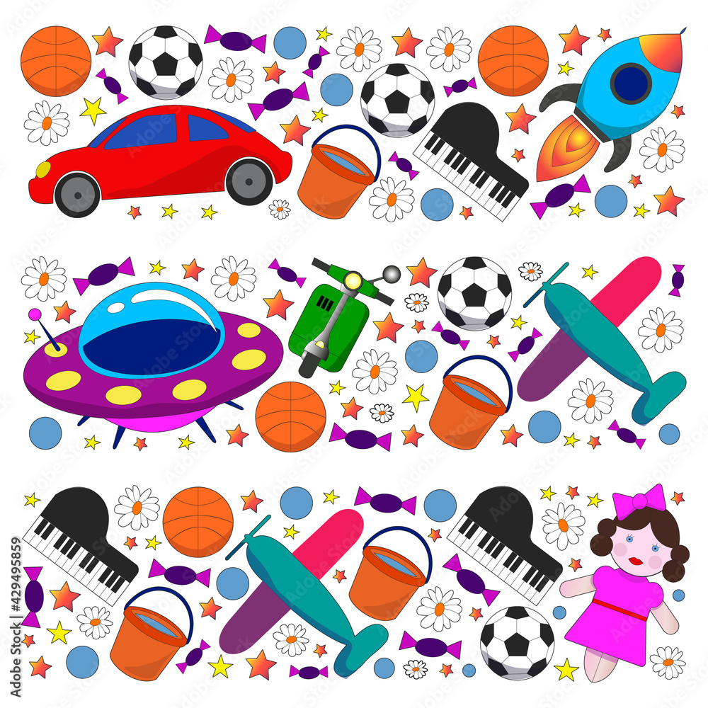 Kindergarten pattern with little children and toys. Creativity and imagination. Kindergarten pattern with little children and toys. Creativity and imagination.