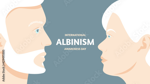 International Albinism Awareness Day. Woman and man white hair, lack of milan pigment. Banner with text. Vector stock illustration. 