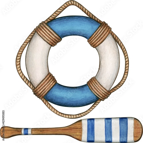 Watercolor blue life buoy and oar