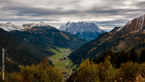 Beginning of winter with snow-capped mountains near the Zugspitze in Germany