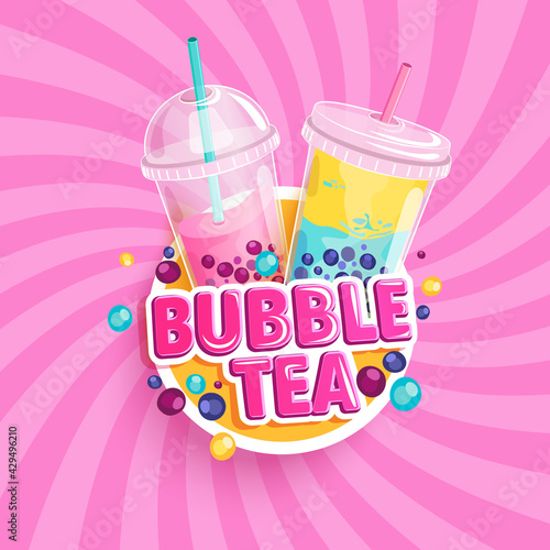 Bubble tea banner on sweet sunburst background. Bubbletea with fruits and berries Milkshake smoothie in plastic cups with place for text and brand.Great for flyers, posters, cards.Vector illustration.