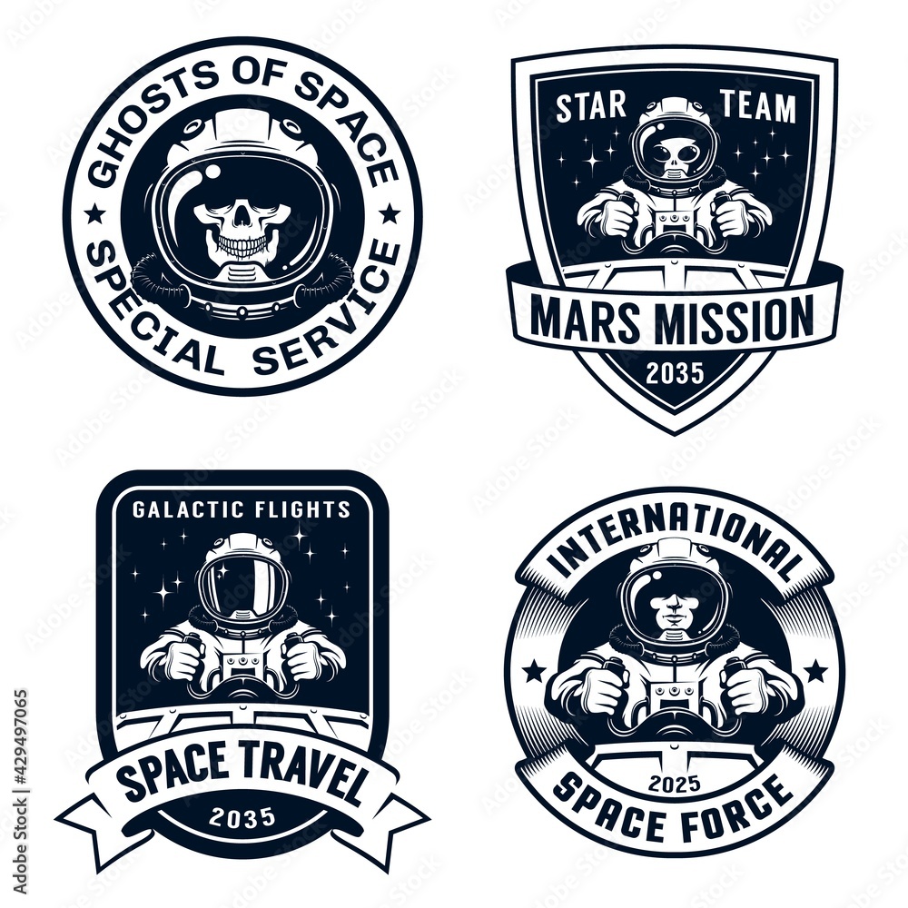 Space badge set with spaceship pilot and alien. Astronaut academy vintage logo with spaceman. Vector illustration.
