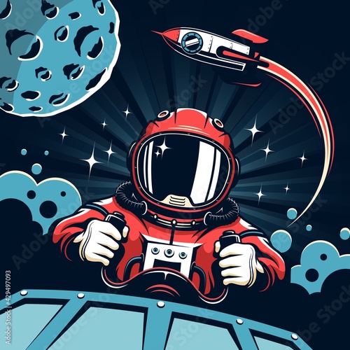 Space poster in vintage style. Astronaut pilot at the helm against backdrop of rocket taking off and planet with craters. Vector illustration.