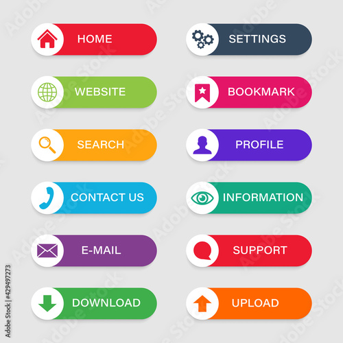 Colorful buttons with icons. Set of buttons for website. Modern design elements