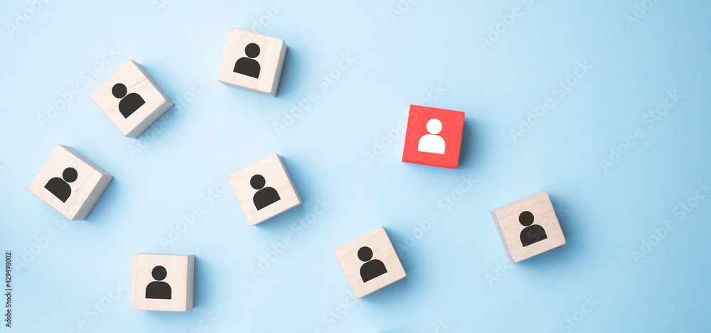 image of wooden blocks with people icon over mint table,building a strong team, human resources and management concept - Image