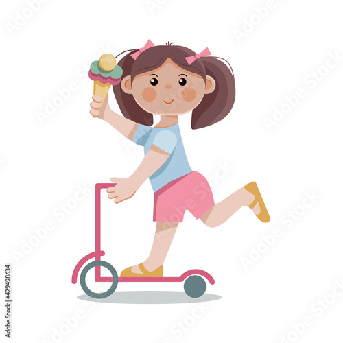 A little girl rides a scooter with ice cream.