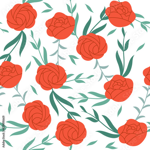 Floral seamless pattern. Red roses and green plants on white background.