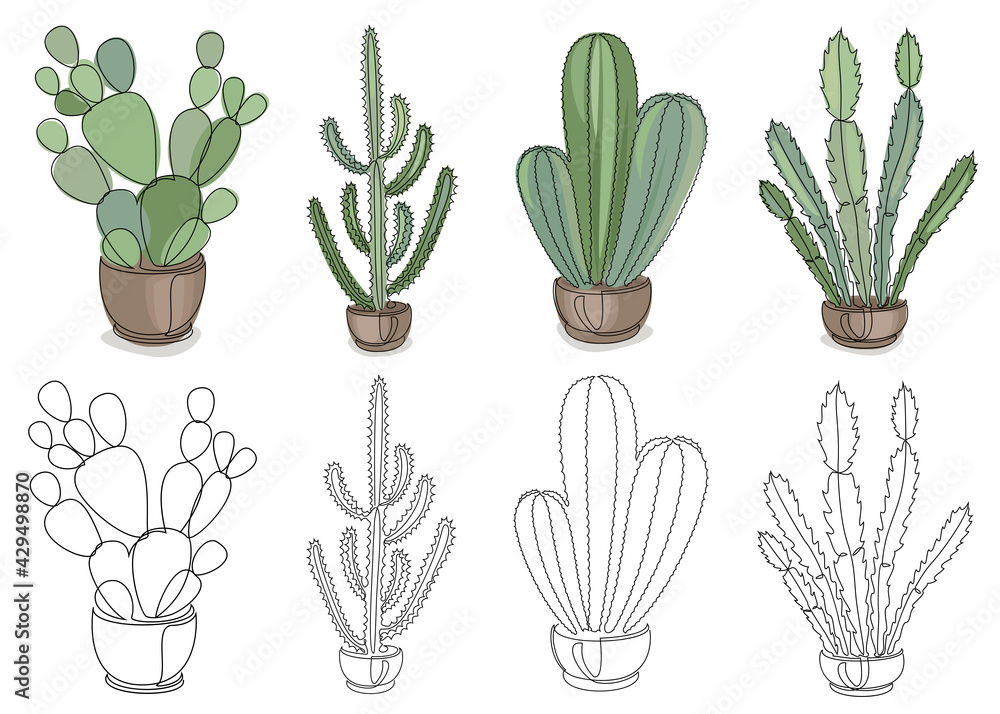 Collection of cacti. Indoor potted plant in modern trendy single line style. Graphic resource. Solid line, outline for decor, posters, stickers, logo. Set of vector illustrations. Collection of cacti. Indoor potted plant in modern trendy single line style. Graphic resource. Solid line, outline for decor, posters, stickers, logo. Set of vector illustrations.