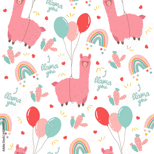 Cute llama seamless pattern. Alpaca flying on toy balloon, pastel rainbow and cactus. Childish background. Textile or wrappind paper for children. Baby shower party concept.