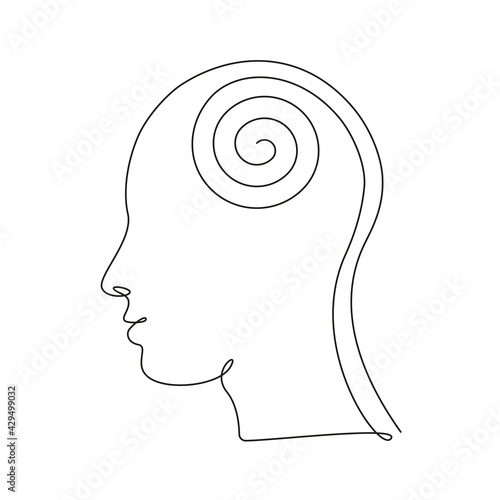 Concept of clean mind. Human head with calm thoughts in one line art style. Continuous drawing illustration. Abstract linear Vector for flyer, banner, brochure, poster, presentation, logo, emblem