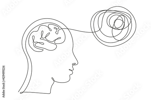 Concept of bad mental health. Human head with brain and thoughts in one line art style. Continuous drawing illustration. Abstract linear Vector for banner, brochure, poster, presentation