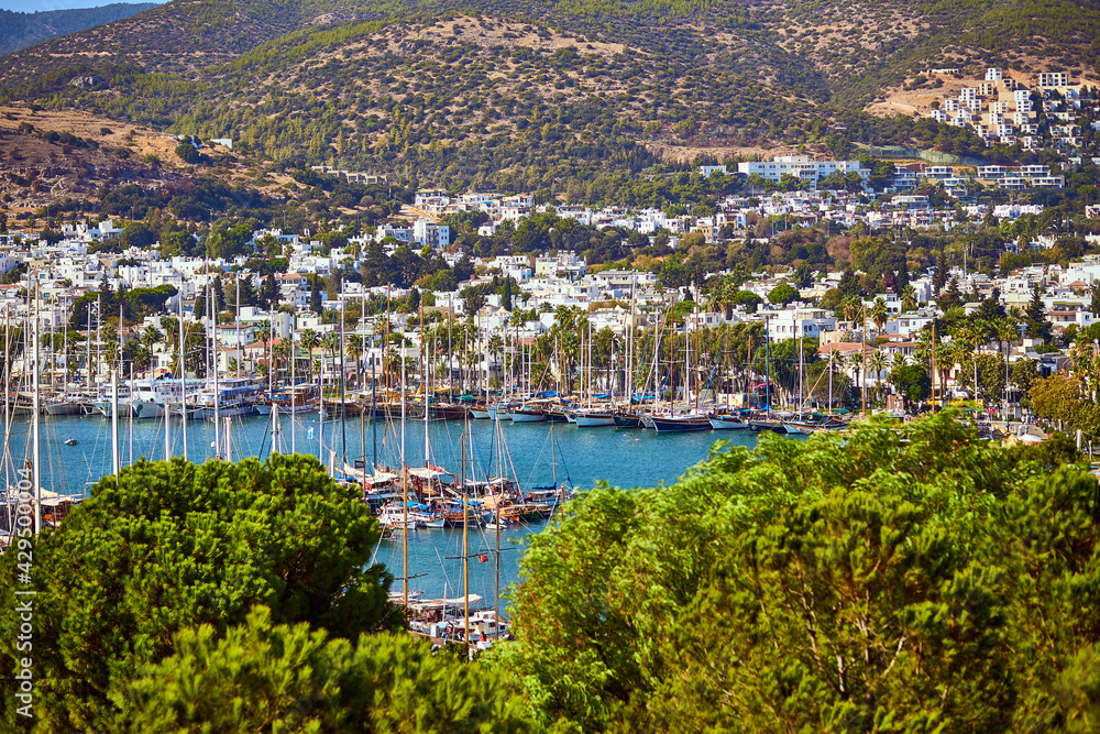 View of Aegean sea, traditional white houses marina from Bodrum Castle, Turkey