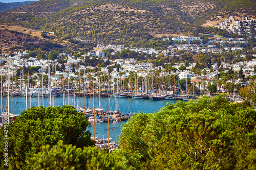 View of Aegean sea, traditional white houses marina from Bodrum Castle, Turkey © bondvit