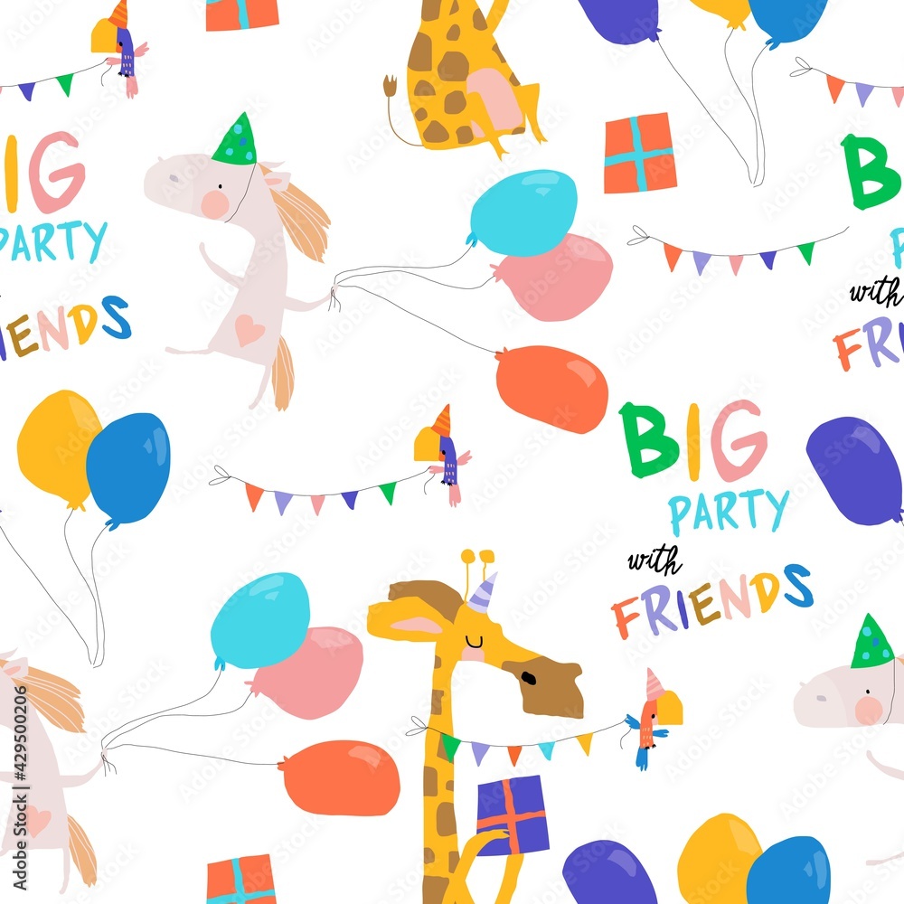 Obraz premium Seamless pattern with cute Animals celebrating Holiday