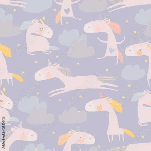 Seamless Pattern with cute Unicorns  Clouds and Stars. Magic Background with little Unicorns