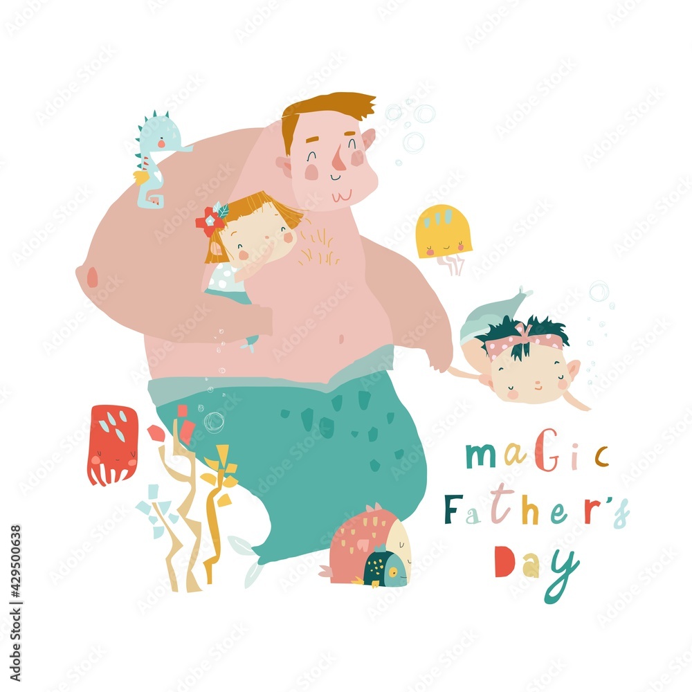 Fototapeta premium Big Father Triton walking with little daughters Mermaids