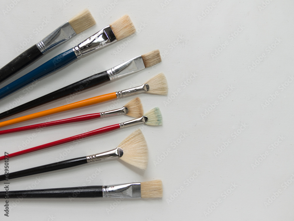Obraz premium various gently used brushes for oil and acrylic painting on a white gessoed background