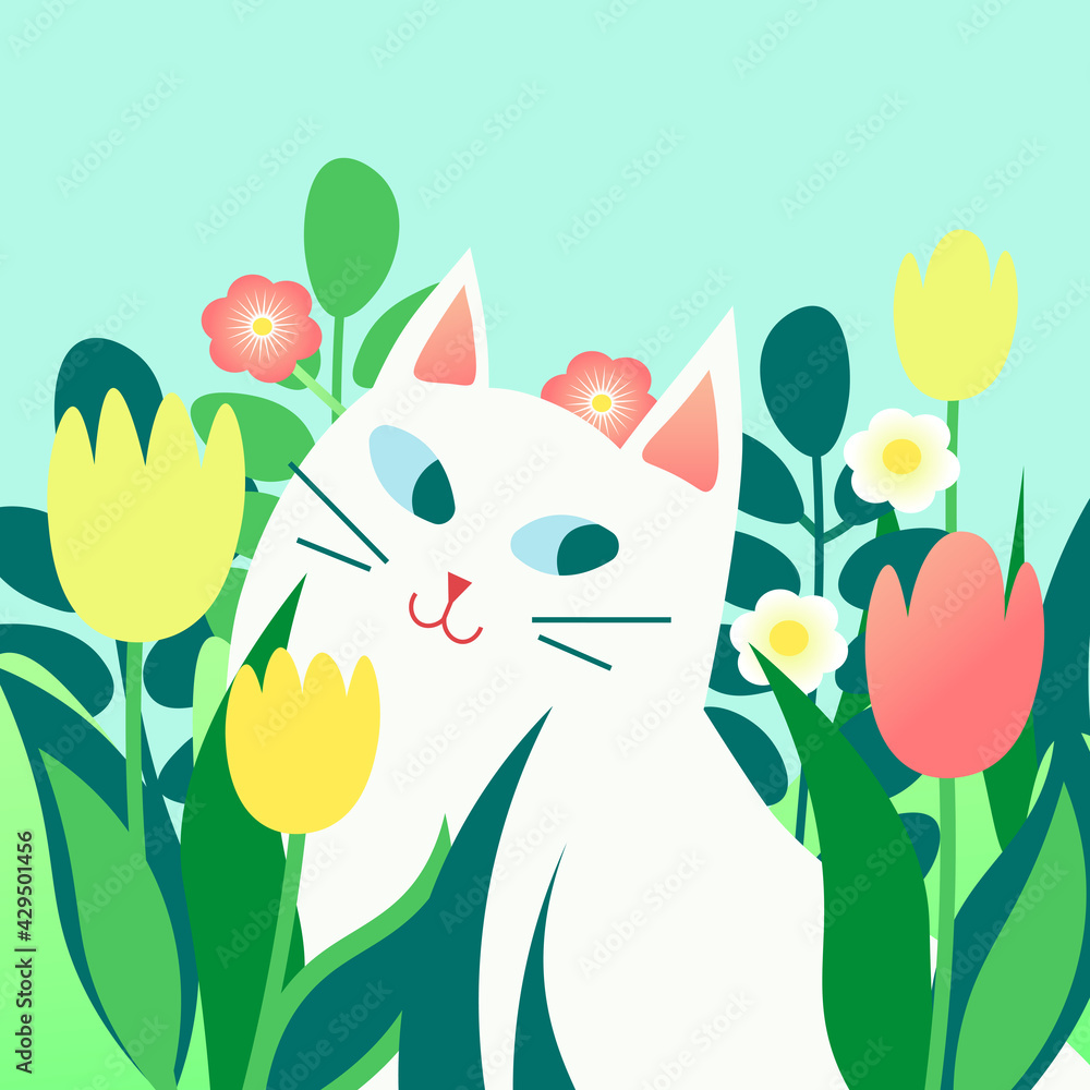 Flat illustration with cat among flowers in the garden Flat illustration with cat among flowers in the garden
