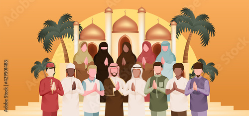 Muslim People All Around The World in Celebration of Eid Al Fitr Mubarak Illustration
