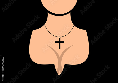 Sexy, attractive and beautiful christian woman and girl with crucifix and christian cross on necklase. Sexuality, sexual attractiveness and religion and religious symbol. Vector illustration.