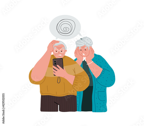 Grandparents have problems with their cell phones.Vector illustration,concept.