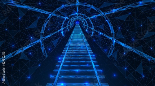 Underground tunnel with rails. Metro train track. Polygonal design of lines and points. Blue background.