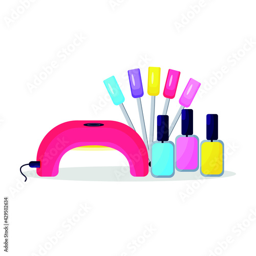 fashionable shades of gel polish together with a lamp for nail extension and a palette. Isolated background. Fashion style. Trendy modern style. White background.