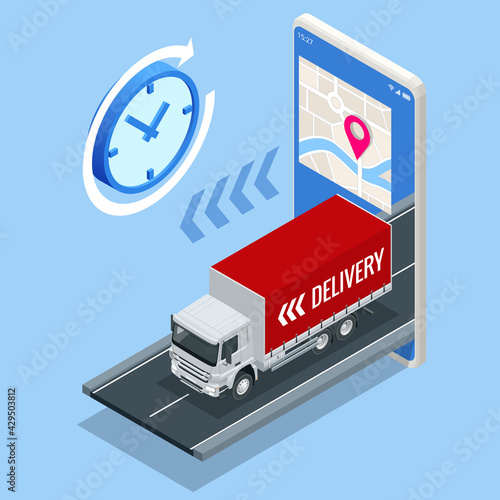 Isometric Delivery truck with cardboard box, mobile phone. Delivery service via modern technology. Tracking system. Mobile App.